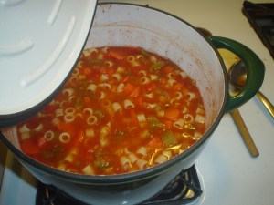 Memories of summer - I made this minestrone  with tomato sauce from last year's garden. 