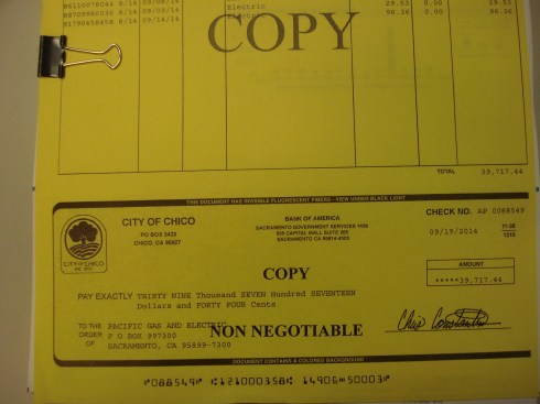 Check #2 - for one month of PG&E the city of Chico lays out about $160,000. 