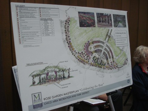 If you enlarge the picture you see plans for 6 foot high fencing, with a 20 foot seat wall, enclosing the CARD center lawn, including part of the creek. where the design calls for removing trees. 