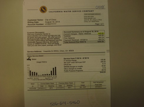 Each address where the city uses water has  separate billing. Here's a $440 bill for irrigating medians out at Cal Park. For one month!