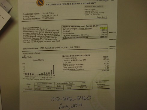 Here's the bill for irrigating the medians at Forrest and Springfield. A few months earlier I had called in to report those sprinklers were running all over Forrest Avenue and $taff acted like they didn't even know they had sprinklers on Springfield Drive.
